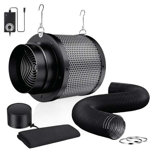 ALPHAGROW 6 Inch 2-in-1 Integrated Inline Fan and Carbon Filter Combo with 8 FT Black Ducting, 410 CFM Powerful Stealth Ventilation System for Indoor Grow Tent