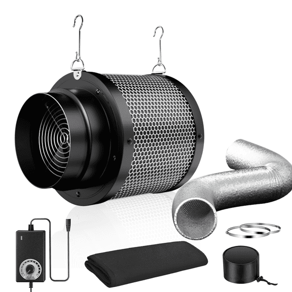 ALPHAGROW 6 Inch 2-in-1 Integrated Inline Fan and Carbon Filter Combo with 8 FT Silver Ducting, 410 CFM High-Airflow Space-Saving Ventilation Kit for Indoor Grow Tent