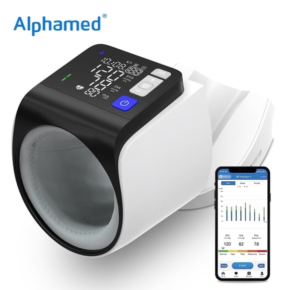 Alphamed Upper Arm Blood Pressure Monitor Barrel Bluetooth Auto Blood Pressure Cuff Electric BP Monitor for Senior Obese, Large Display, One Button