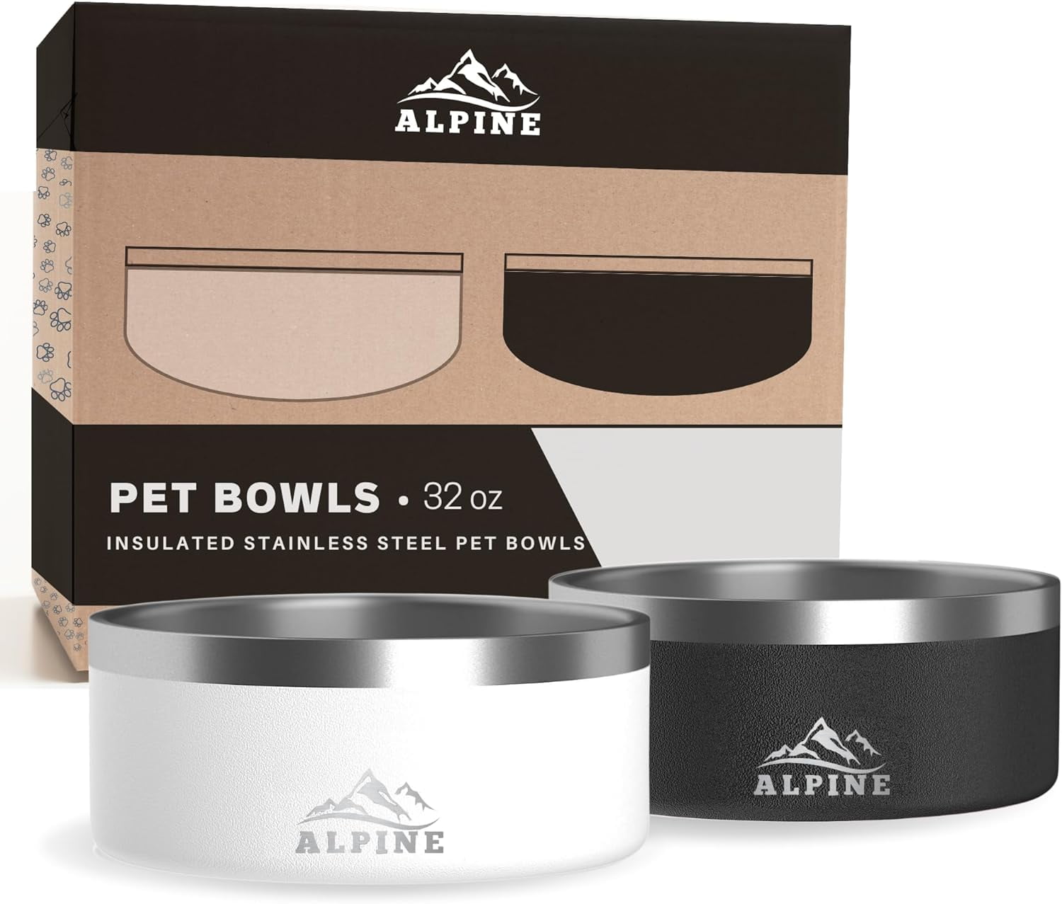 Alpine 32 oz Black and White Stainless Steel Dog Bowls Set