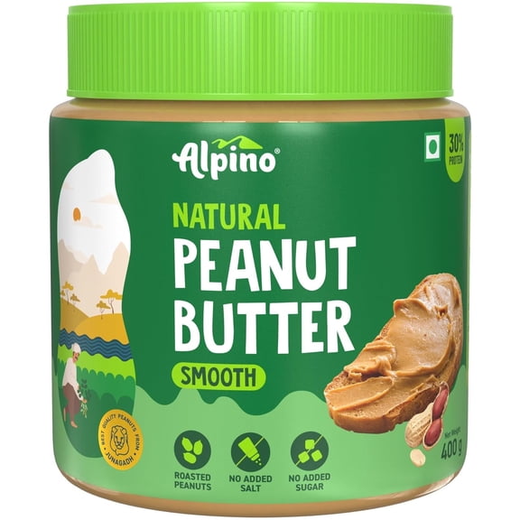 ALPINO Organic Natural Peanut Butter Smooth | 400 gm | 30% Protein | Made with 100% Organic Peanuts | No Added Sugar and Salt | Plant Based Protein Peanut Butter Creamy