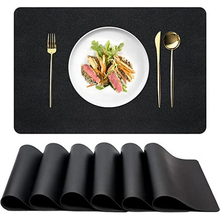 ALPIRIRAL Placemats Set of 6, Vinyl Washable Wipeable Black Place Mats,  Heat Resistant Waterproof Faux Leather Table Mats, Non Slip Easy to Clean  Placemat for Dining Table, Modern (Pearl Black, 6pcs) 