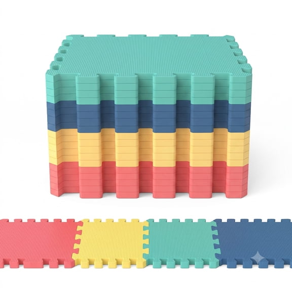 ALPULON 18 Pack Interlocking EVA Foam Floor Tiles with Borders, Non-Slip Cushioned Gym Exercise Play Mats for Home Garage Kids Room, 12.5 x 12.5 Inch Each, Multicolor