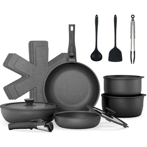 ALPULON 18Pcs Ceramics Pots and Pans Set with Lids, for Induction Cookware,Black