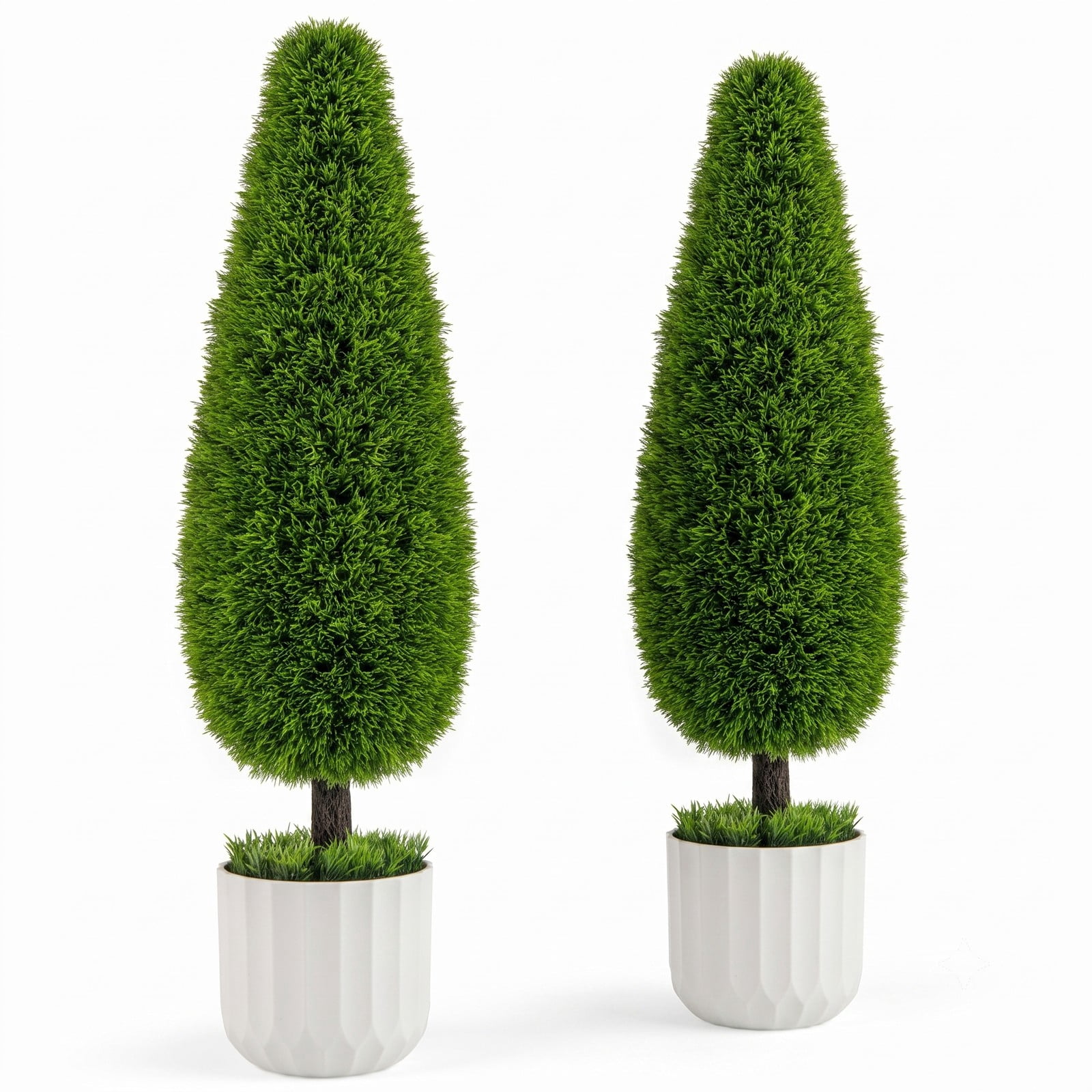 ALPULON 2 Pack 3 Feet Artificial Cedar Topiary Teardrop Shaped Bush Faux Plant with Cement-Filled Nursery Pot for Indoor Outdoor Home Office Doorway Decor, Green
