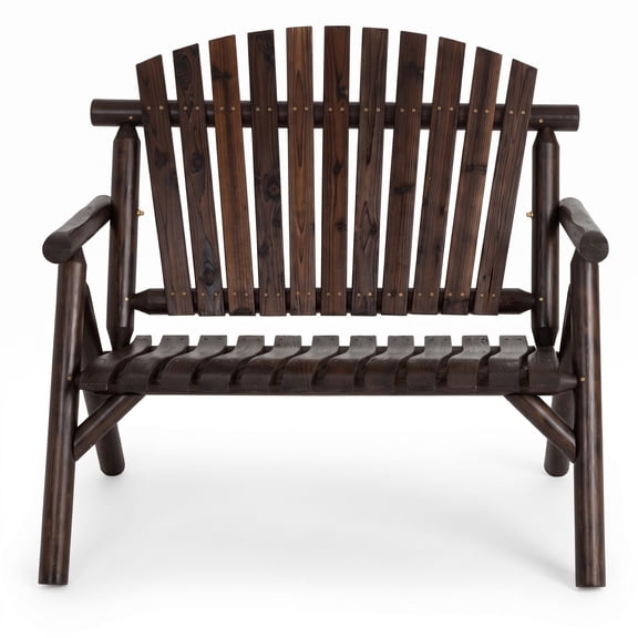ALPULON 2-Person Solid Log Wood Patio Bench with Slatted Backrest and Armrests, Outdoor Garden Loveseat for Deck Backyard Porch Poolside, 660 lbs Capacity, Brown