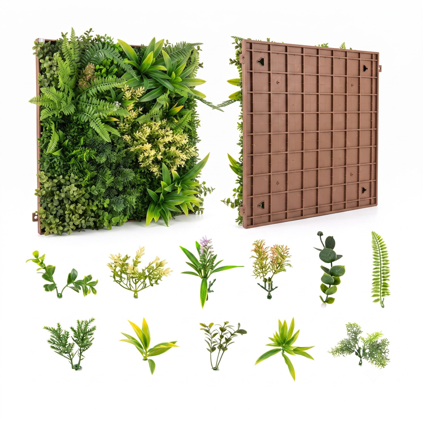 ALPULON 20 x 20 3D Artificial Greenery Hedge Panel with 11 Types of Mixed Faux Plants, UV-Protected PE Grass Wall for Indoor Outdoor Balcony Garden, Green and Brown