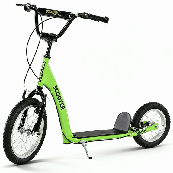 ALPULON 220 LBS Kick Scooter with Adjustable Handlebar, Ride On Toy for Kids 5+, 16" Inflatable Wheels, Dual Brakes, Green