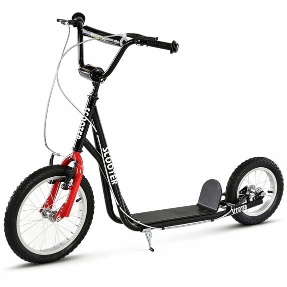 ALPULON 220 LBS Teens Kick Scooter with Adjustable Handlebar, Ride On Toy for Kids 5+, 16" Inflatable Wheels, Dual Brakes, Black