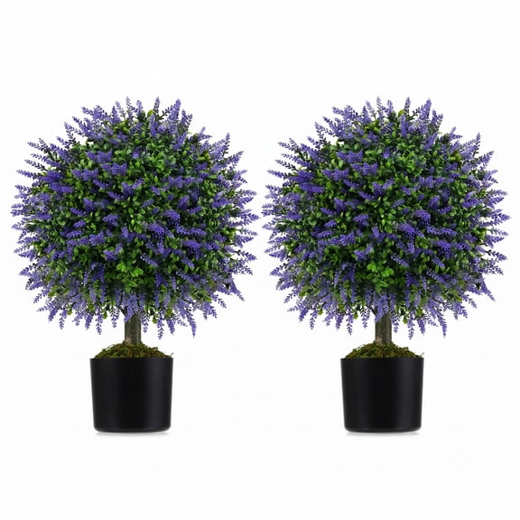 ALPULON 23 Inch Set of 2 Artificial Lavender Topiary Ball Trees with Cement-Filled Pot, Faux Potted Plants for Indoor Outdoor Home Porch Entryway Decor, Purple