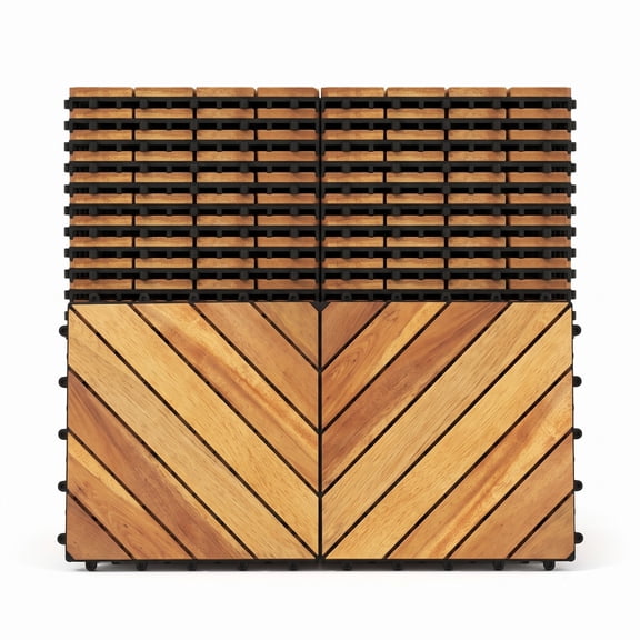 ALPULON 24 Pack Acacia Wood Interlocking Deck Tiles, 12 x 12 Inch Waterproof Outdoor Flooring Pavers for Patio Balcony Poolside Garden, Snap Together Wood, Natural