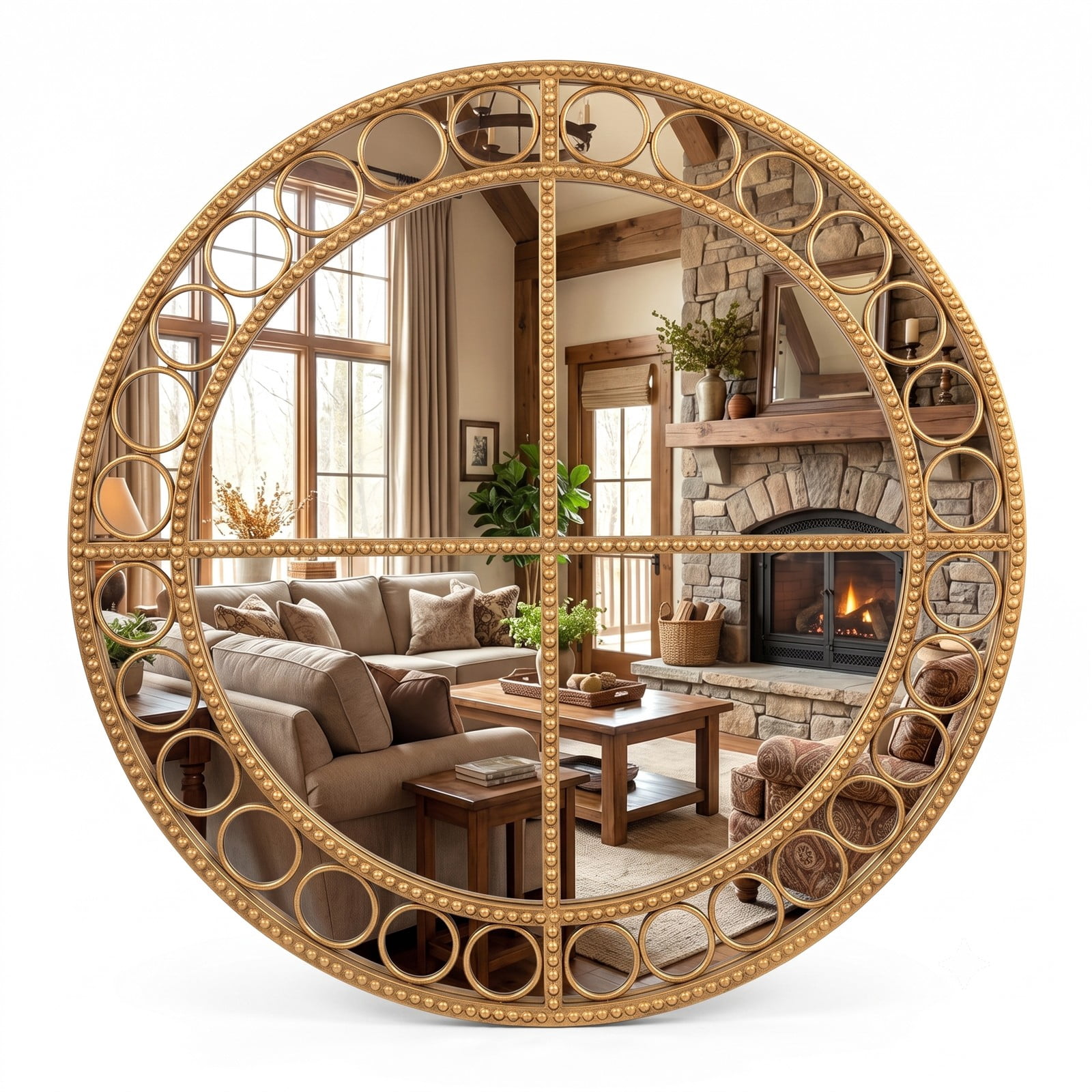 ALPULON 28 Inch Round Wall Mirror with Gold Beaded Metal Frame, HD Distortion-Free Decorative Hanging Mirror for Living Room Bedroom Entryway Bathroom, Gold