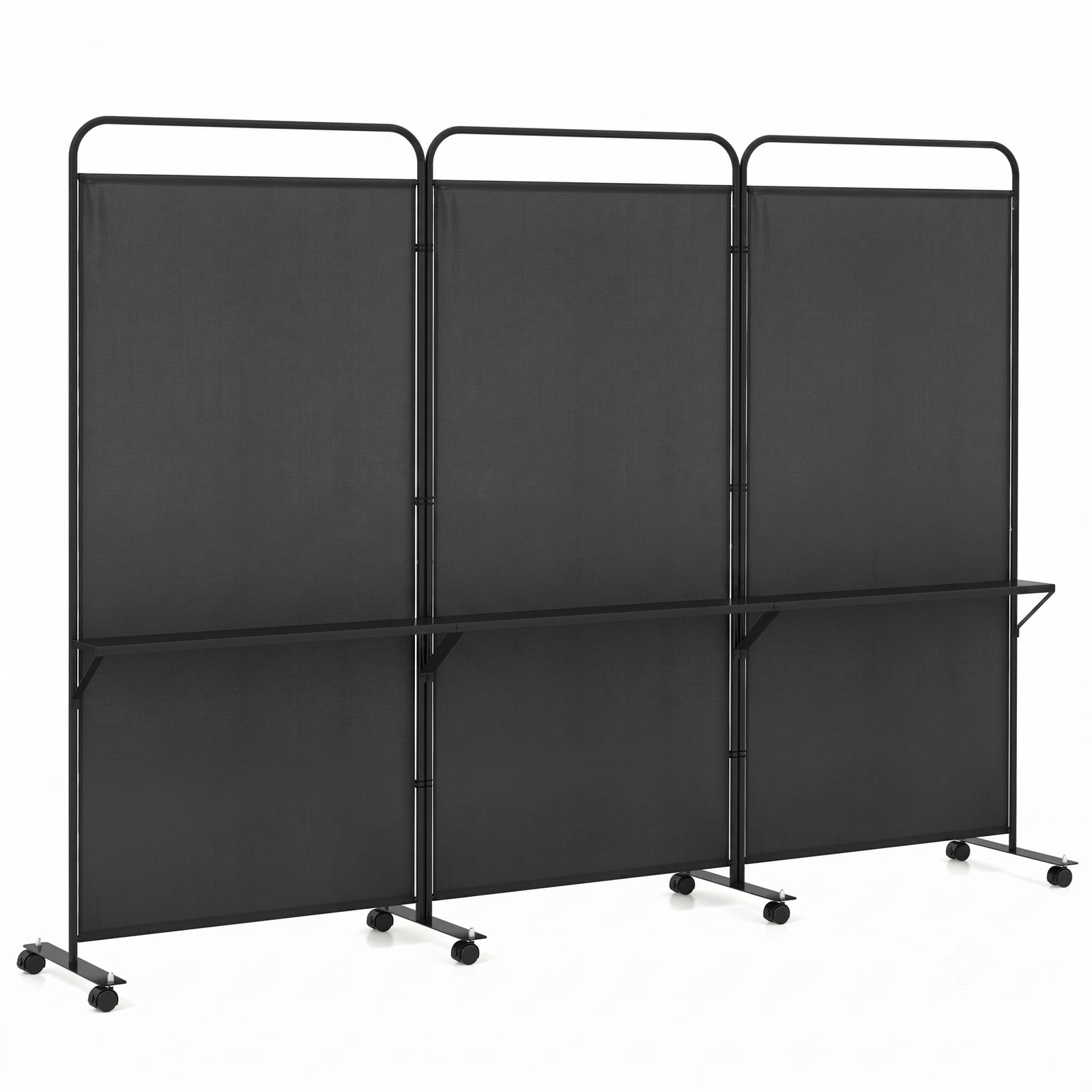 ALPULON 3-Panel Folding Room Divider Privacy Screen with 3 Metal Shelves and Lockable Wheels, Freestanding Partition Panel for Living Room Bedroom Office, Black