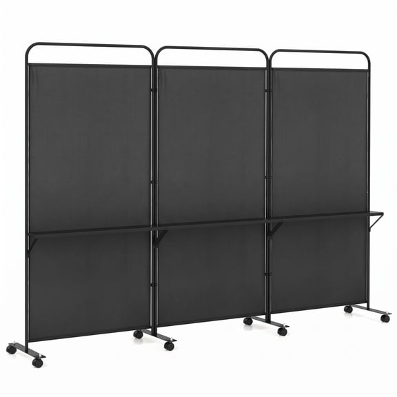 ALPULON 3-Panel Folding Room Divider Privacy Screen with 3 Metal Shelves and Lockable Wheels, Freestanding Partition Panel for Living Room Bedroom Office, Black