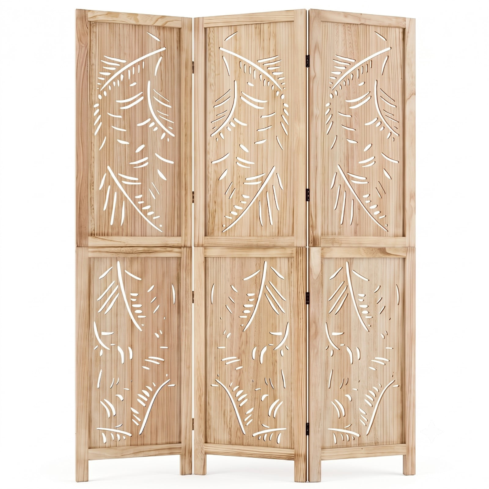 ALPULON 3-Panel Wooden Room Divider Freestanding Folding Privacy Screen with Palm Leaf Design and Paulownia Wood Frame for Living Room Bedroom Office, Natural