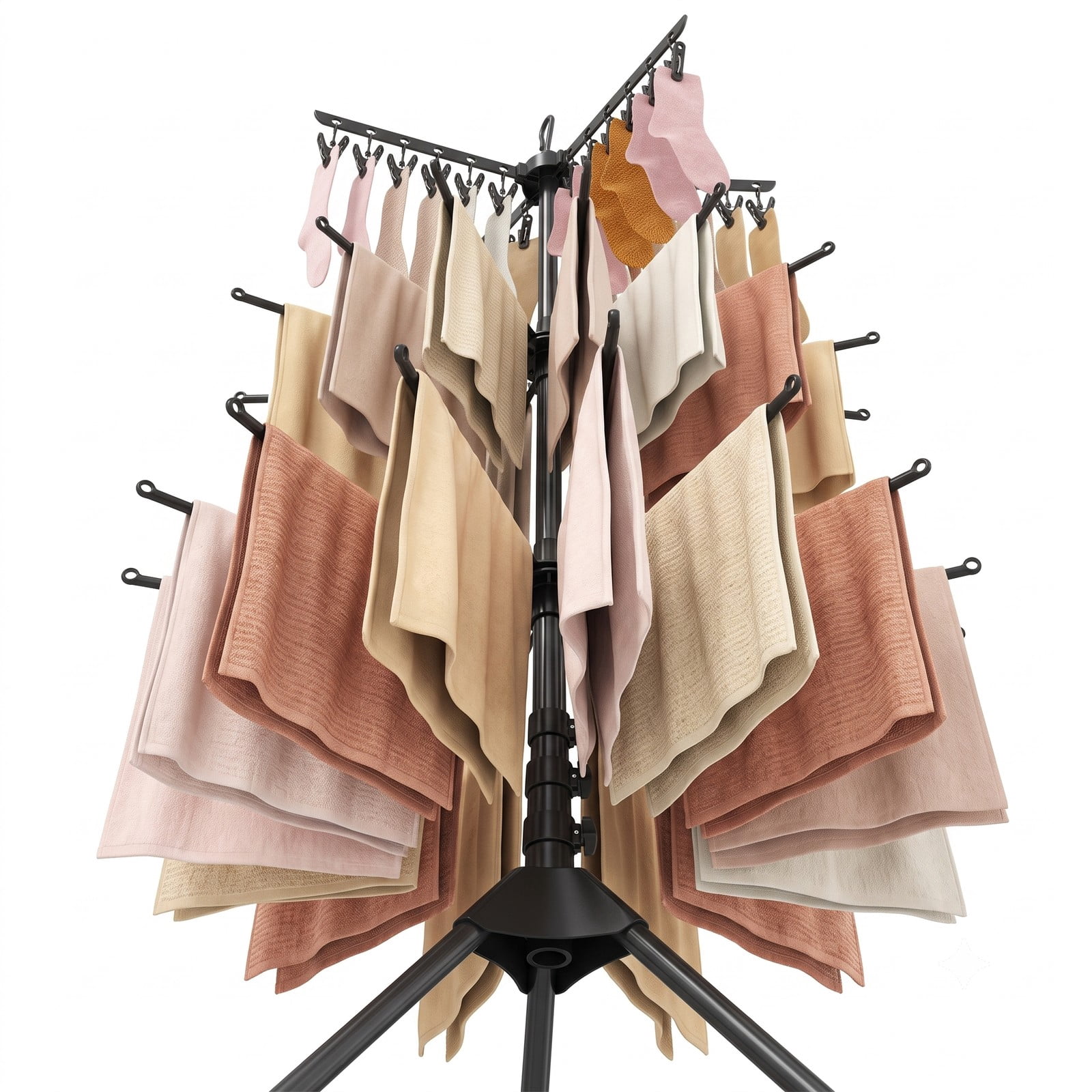 ALPULON 3-Tier Tripod Freestanding Folding Clothes Drying Rack with 24 Clips, 360 Rotating Arms, Detachable Top Hook, Windproof Buckles, Space-Saving Laundry, Black