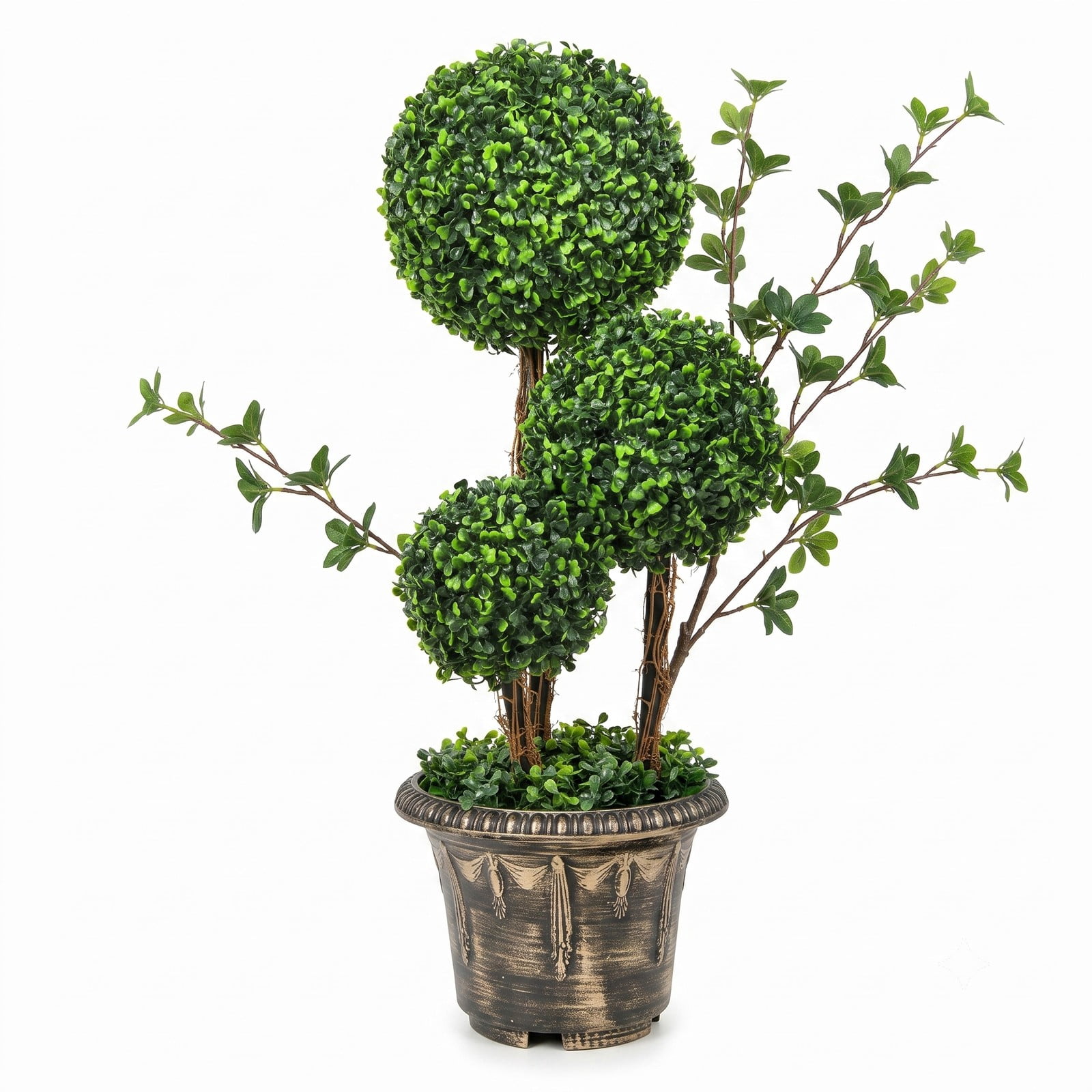 ALPULON 30 Inch Artificial Topiary Triple Ball Tree, Faux Boxwood Potted Plant with Cement Base, UV Protected Indoor Outdoor Decor for Front Porch Entryway Patio, Green