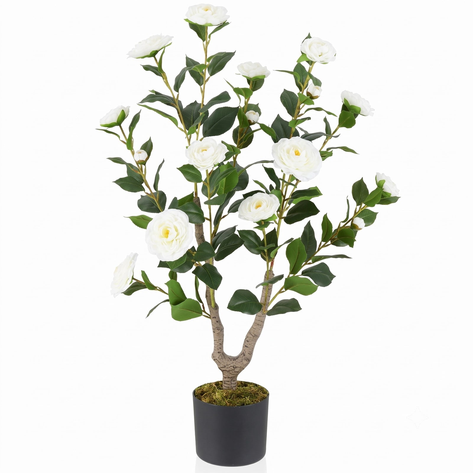 ALPULON 36 Inch Artificial Camellia Tree with Blooming Flowers, Faux Potted Silk Plant with Cement-Filled Pot for Home Office Wedding Front Door Porch Balcony, White