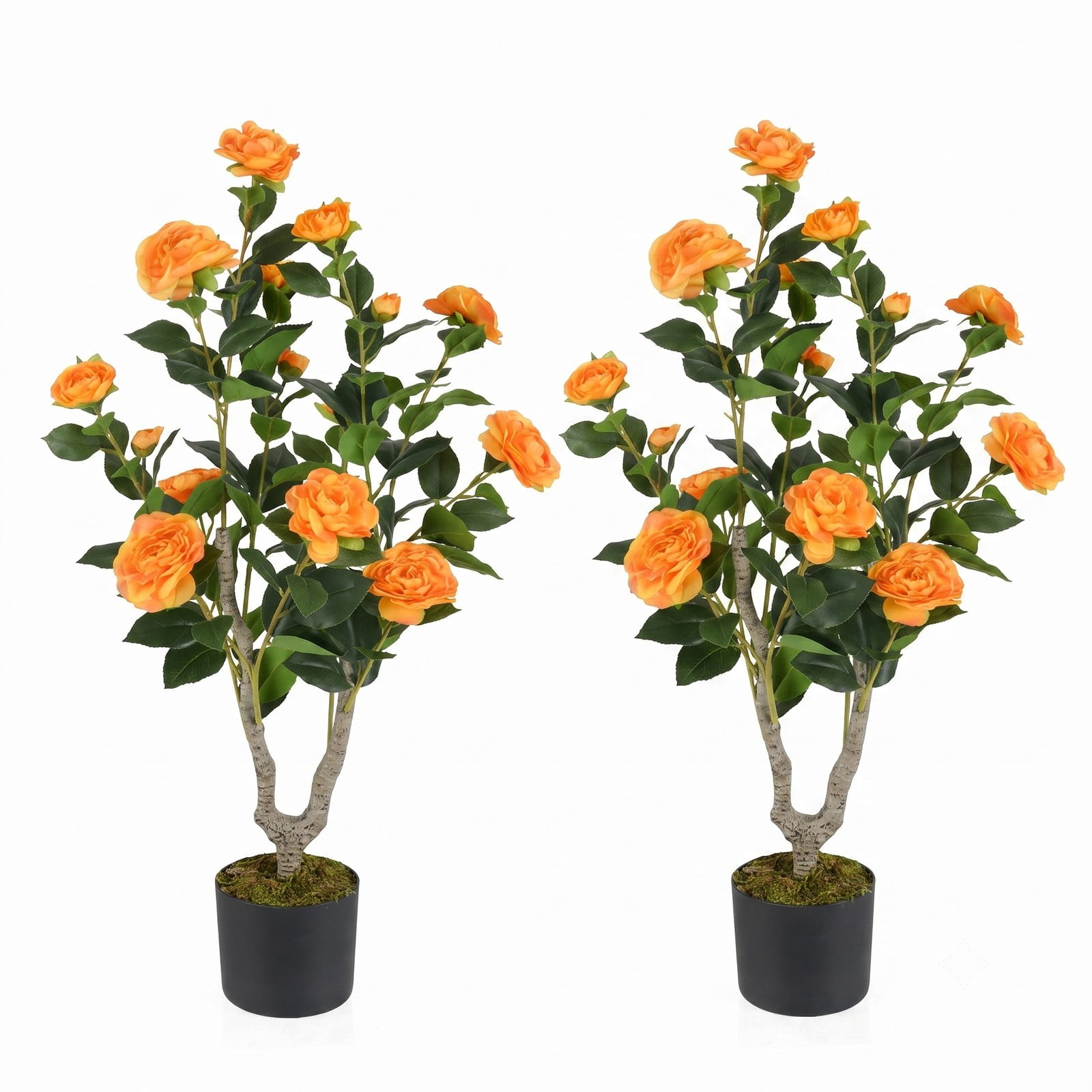 ALPULON 36 Inch Artificial Camellia Tree with Blooming Flowers, Set of 2 Faux Potted Camellia Plants with Cement-Filled Pots for Home Office Wedding Front Door, Orange