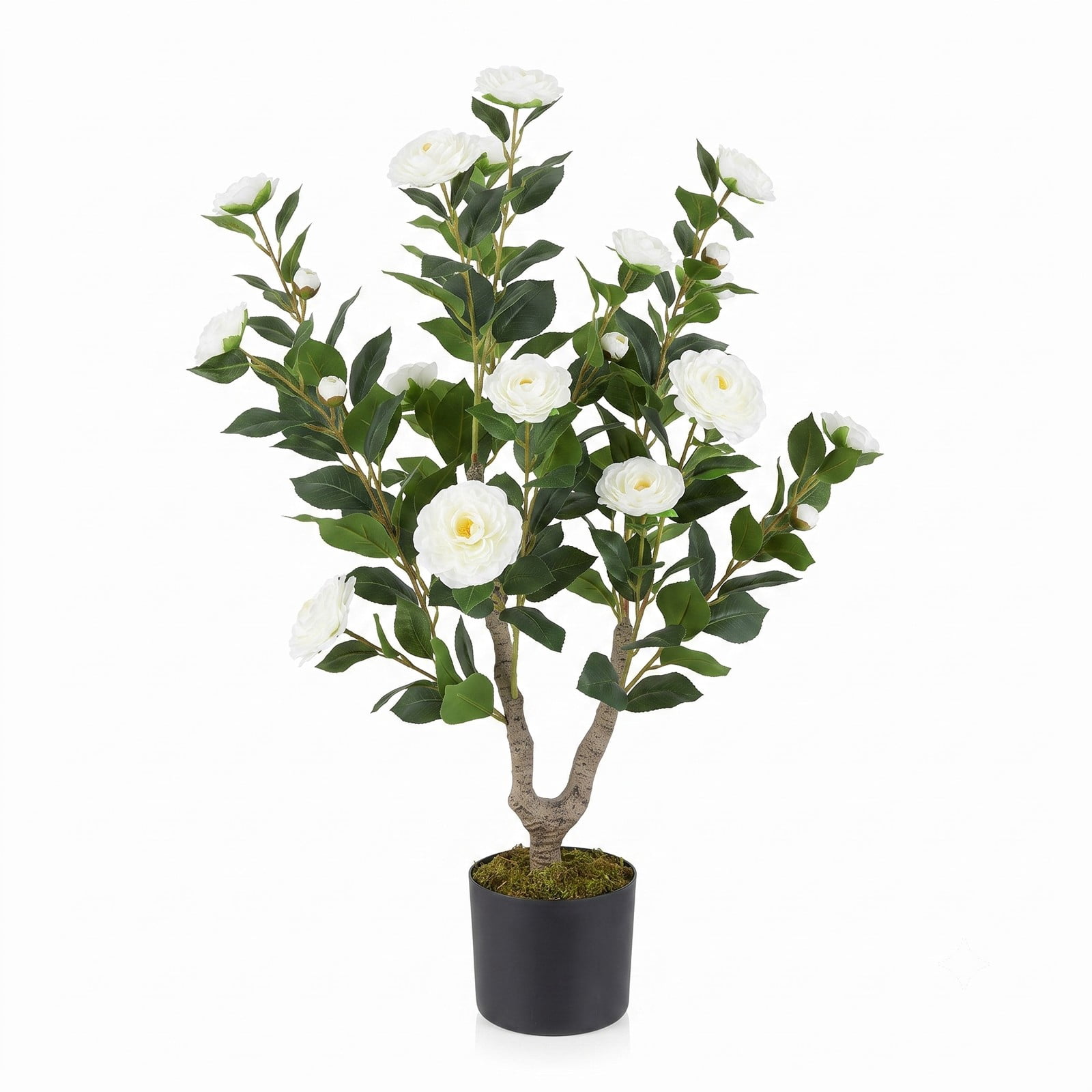 ALPULON 36 Inch Artificial Camellia Tree with Blooming Flowers, Set of 2 Faux Potted Camellia Plants with Cement-Filled Pots for Home Office Wedding Front Door, White