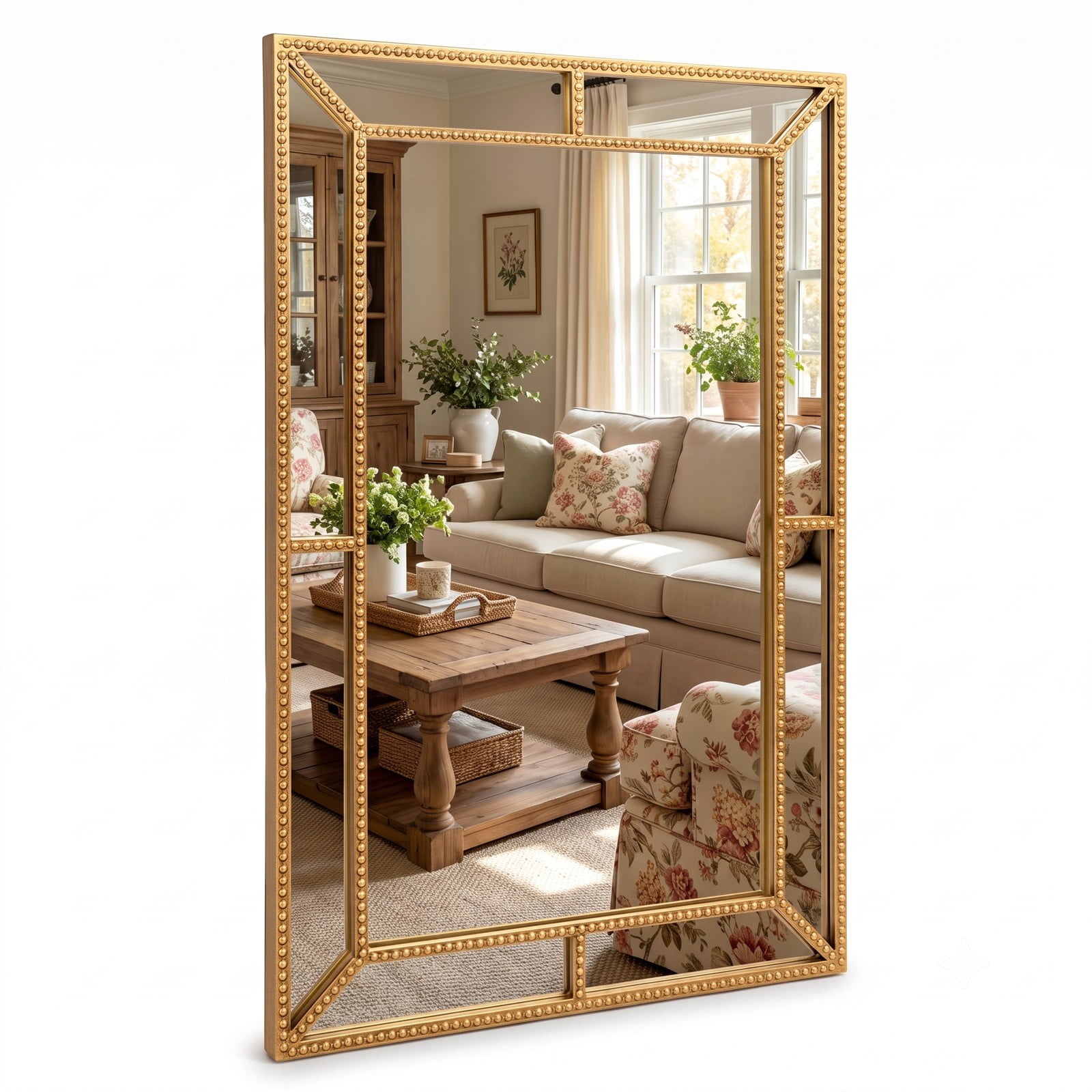 ALPULON 36 x 24 Inch Gold Wall Mirror with Beaded Metal Frame, Rectangular Vanity Mirror for Living Room Bedroom Entryway Bathroom Vertical or Horizontal Hanging, Gold