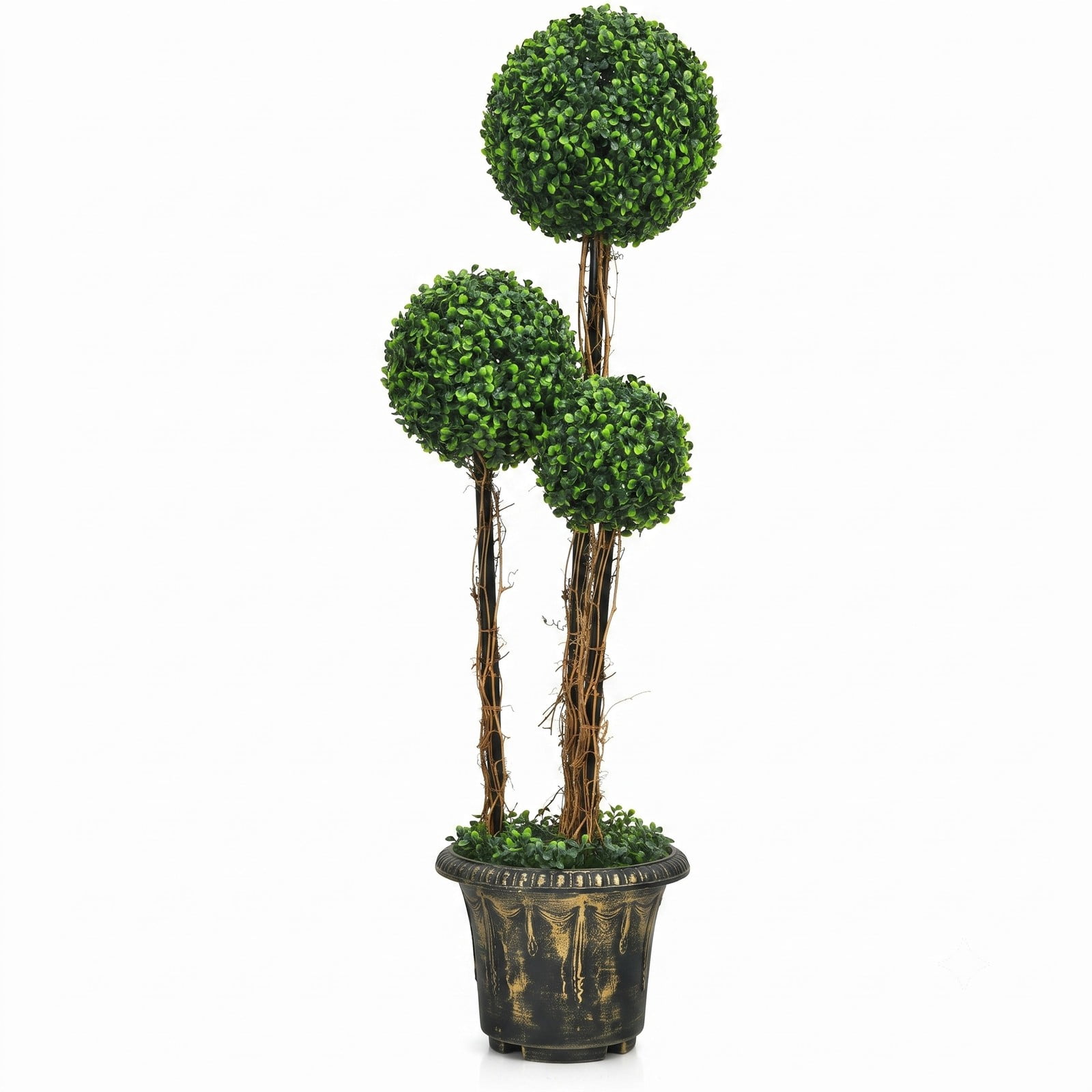 ALPULON 4 Feet Artificial Topiary Triple Ball Tree, UV Resistant Faux Boxwood Plant with Cement-Filled Pot for Indoor Outdoor Front Porch Patio Home Office Decor, Green