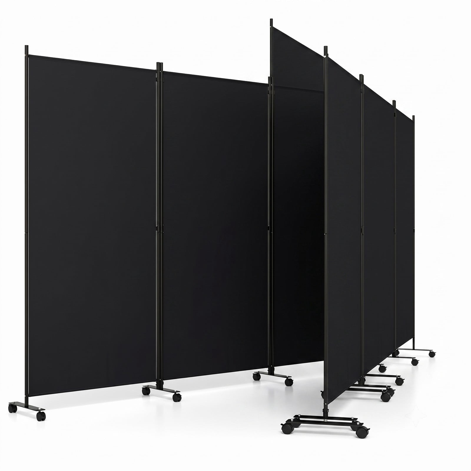 ALPULON 4 Panel Folding Privacy Screen Room Divider with Universal Wheels, Freestanding Portable Polyester Fabric Partition Panel for Living Room Bedroom Office, Black