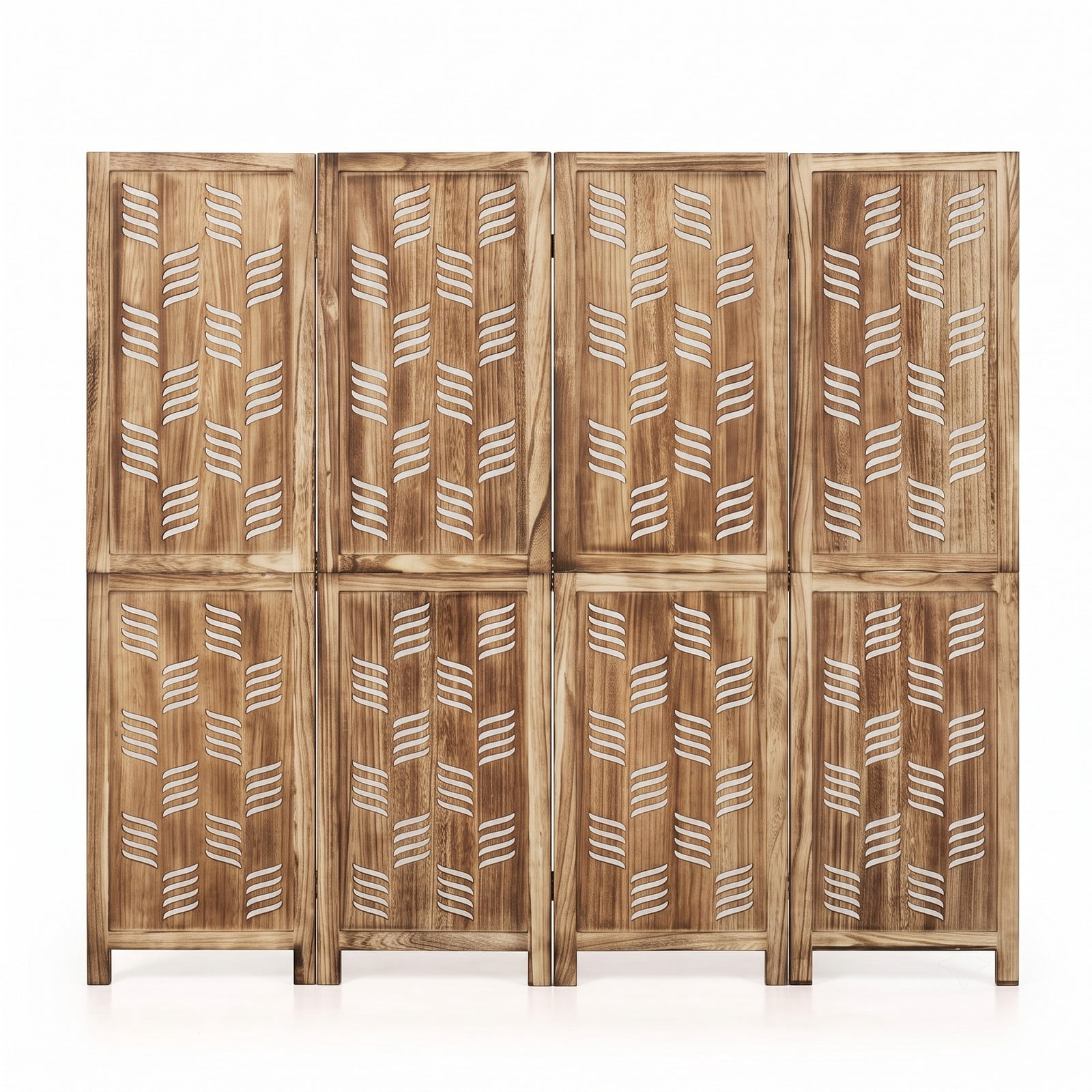 ALPULON 4-Panel Room Divider 5.5 FT Tall Folding Privacy Screen with Wave Cutout and Paulownia Wood Frame for Living Room Bedroom Office, Brown White