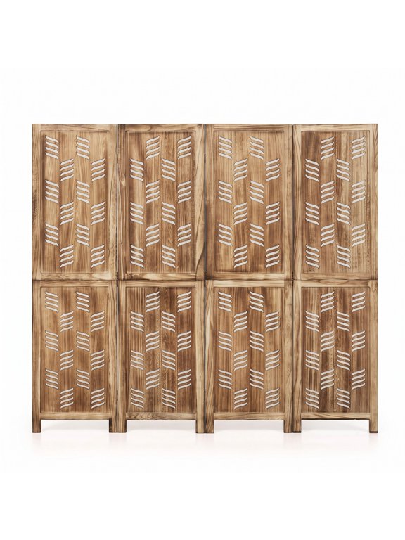4-Panel Room Divider 5.5 FT Tall Folding Privacy Screen with Wave Cutout and Paulownia Wood Frame for Living Room Bedroom Office, Brown White