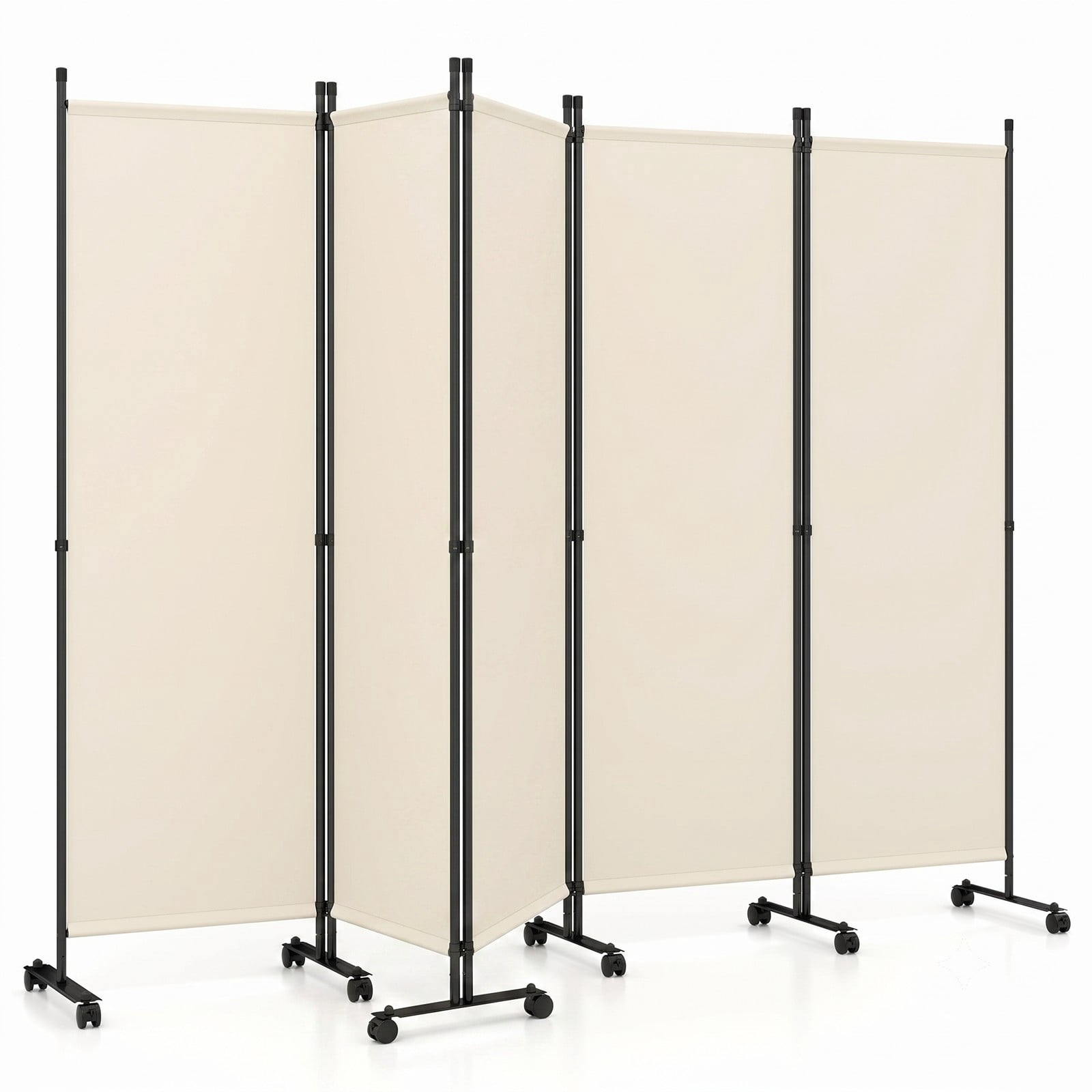 ALPULON 4-Panel Room Divider Freestanding Privacy Screen with 10 Lockable Wheels, Foldable Polyester Fabric Partition with Heavy-Duty Metal Frame for Living, Beige