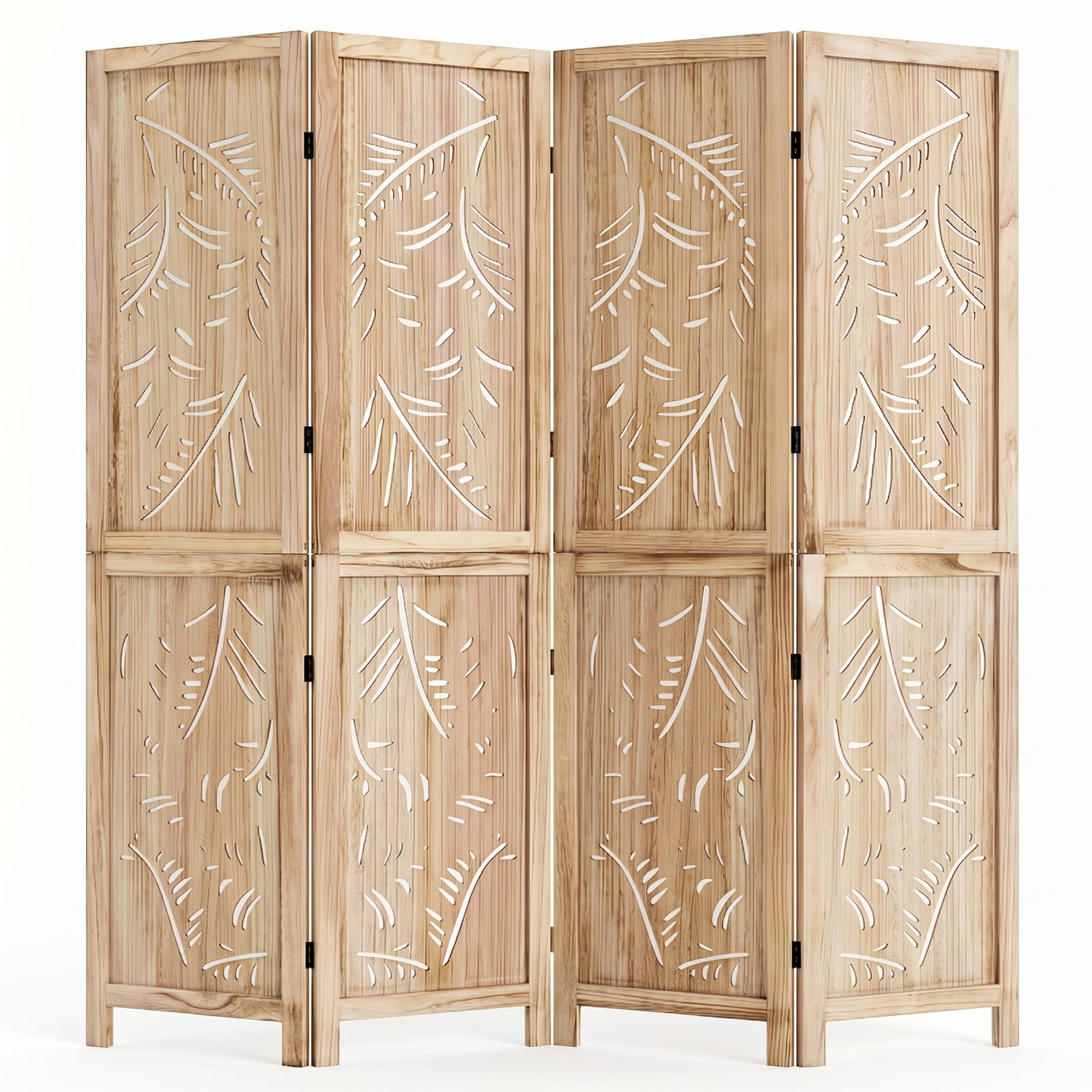 ALPULON 4-Panel Wooden Room Divider Freestanding Folding Privacy Screen with Palm Leaf Design & Paulownia Frame for Home Bedroom Office, Natural