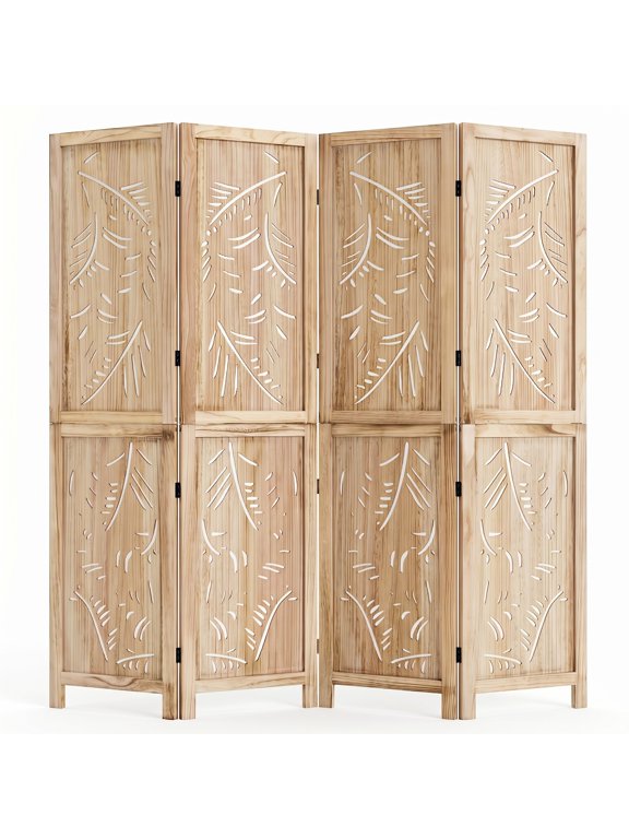 4-Panel Wooden Room Divider Freestanding Folding Privacy Screen with Palm Leaf Design & Paulownia Frame for Home Bedroom Office, Natural