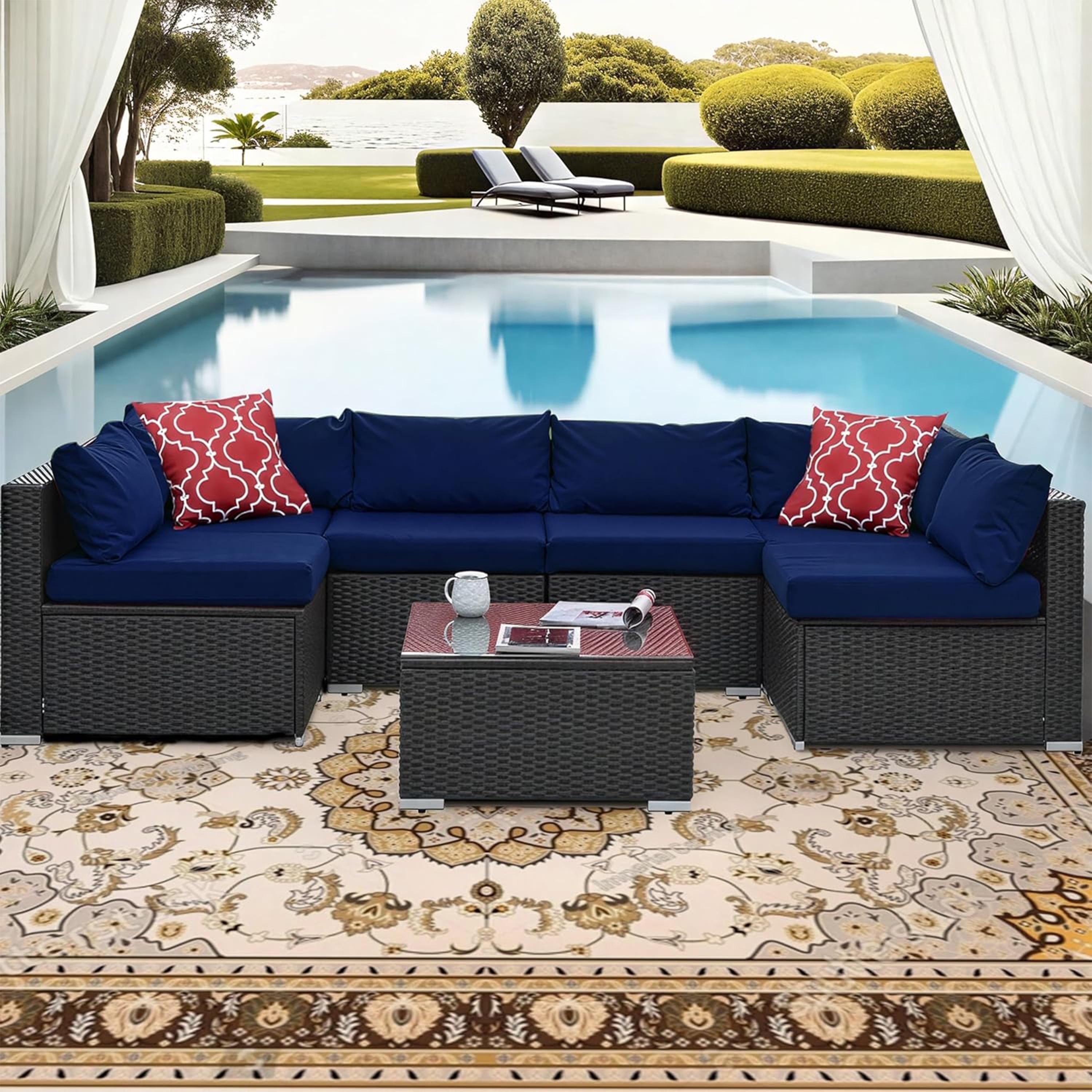 Furnibear 7 Pieces Outdoor Patio Sectional Sofa Couch, Black Wicker Patio Furniture Conversation Sets with Washable Cushions & Glass Coffee Table for Garden, Poolside, Backyard