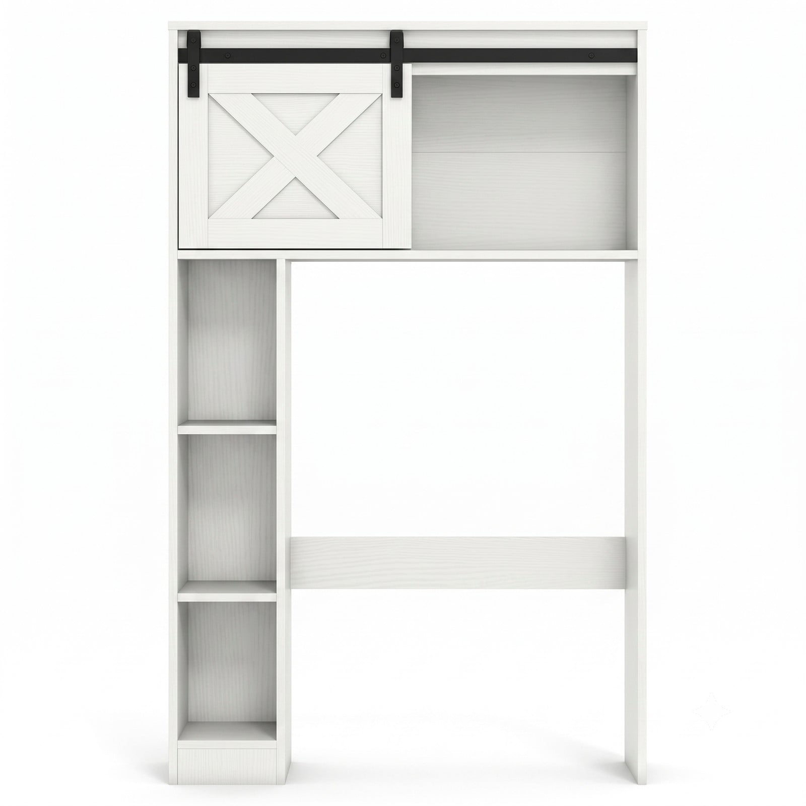 ALPULON 4-Tier Over the Toilet Storage Cabinet with Sliding Barn Door and Open Side Shelves for Bathroom and Laundry Room, White