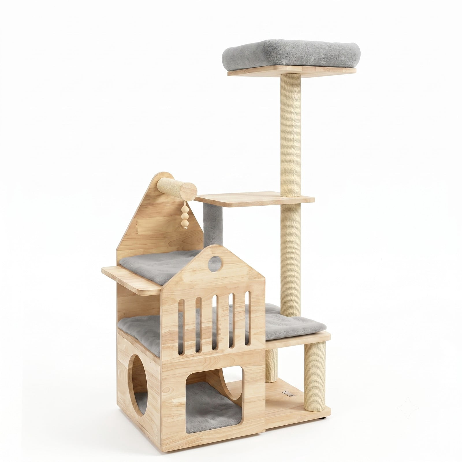 ALPULON 48.5 Inch Solid Wood Multi-Level Cat Tree Tower for Indoor Cats, Padded Top Perch with Cat Condo Hideaway and Sisal Scratching Posts, Sturdy Kitten, Gray