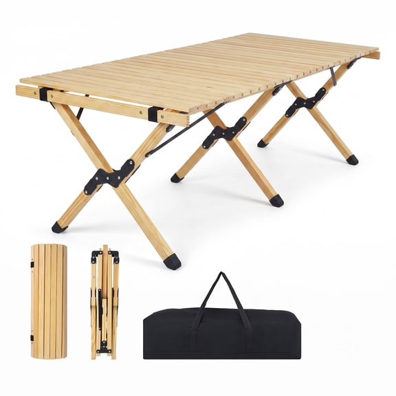 ALPULON 48 Inch Folding Camping Table with Carry Bag, Portable Pine Wood Picnic Table for Backyard Beach BBQ Party Outdoor, Collapsible Roll Up Table with 155, Natural