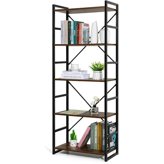 ALPULON 5-Tier Tall Bookcase Rustic Wood and Metal Standing Bookshelf Industrial Vintage Book Shelf Unit Open Back Modern Office Bookcases