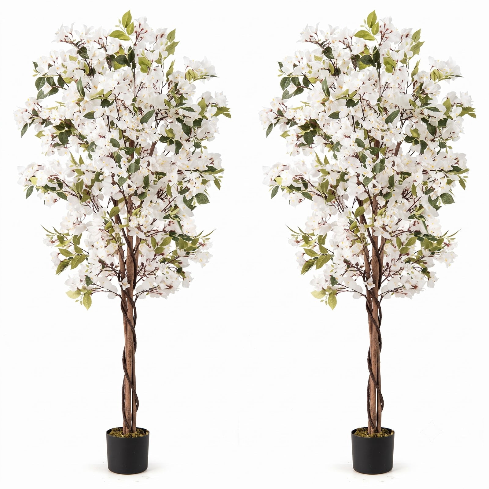 ALPULON 6 FT Artificial Bougainvillea Tree Set of 2 with 910 White Flowers, Faux Silk Flower Tree with Cement-Filled Planter for Indoor Outdoor Home Office Decor, White