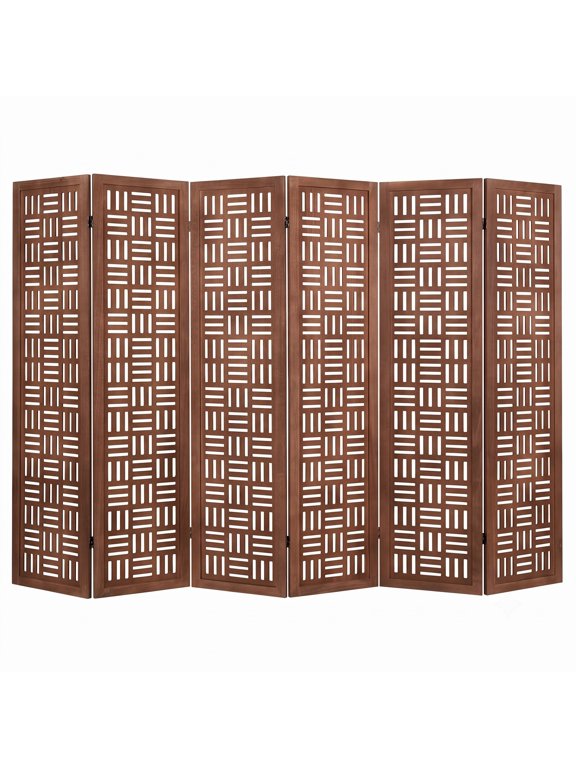 6-Panel Solid Wood Room Divider Folding Partition Screen, Freestanding Paulownia Wood Privacy Panel with Cut-Out Pattern for Living Room Bedroom Office, Walnut