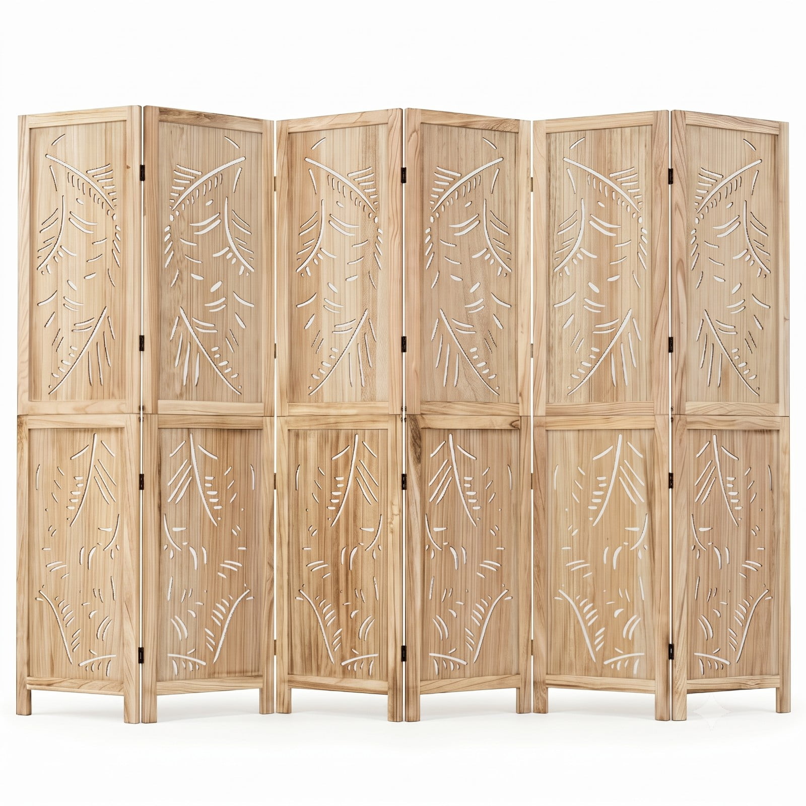 ALPULON 6-Panel Wooden Room Divider Freestanding Folding Privacy Screen with Palm Leaf Design and Paulownia Wood Frame for Home Office Bedroom, Natural