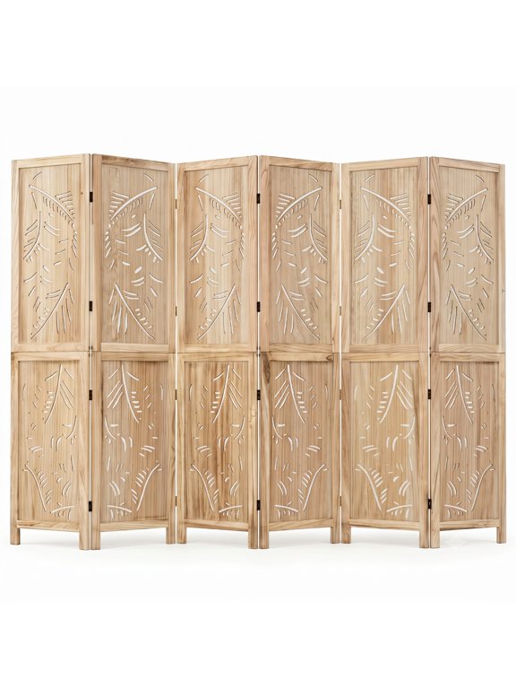 6-Panel Wooden Room Divider Freestanding Folding Privacy Screen with Palm Leaf Design and Paulownia Wood Frame for Home Office Bedroom, Natural