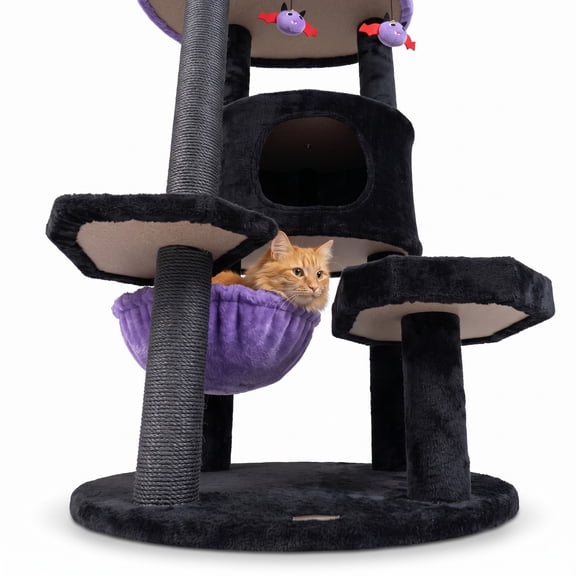 ALPULON 60 Inch Gothic Cat Tower Tall Cat Tree with Plush Perch, Sisal Scratching Posts and Spider Hanging Toys for Indoor Cats, Halloween Multi-Level, Purple & Black