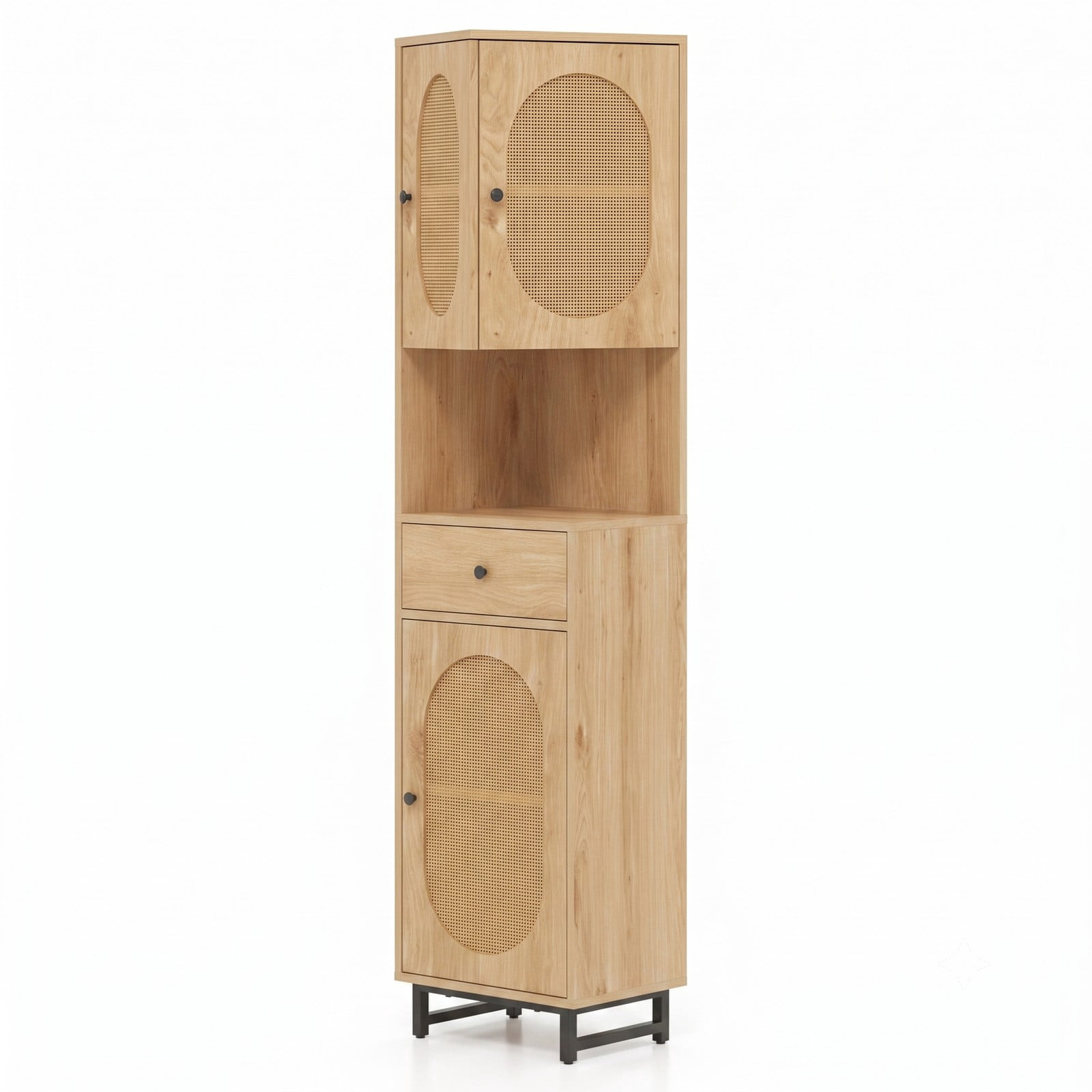 ALPULON 67 Inch Tall Bathroom Cabinet, PE Rattan Freestanding Floor Storage Cabinet with 2 Doors, 1 Drawer and Adjustable Shelves for Bathroom Living Room, Natural