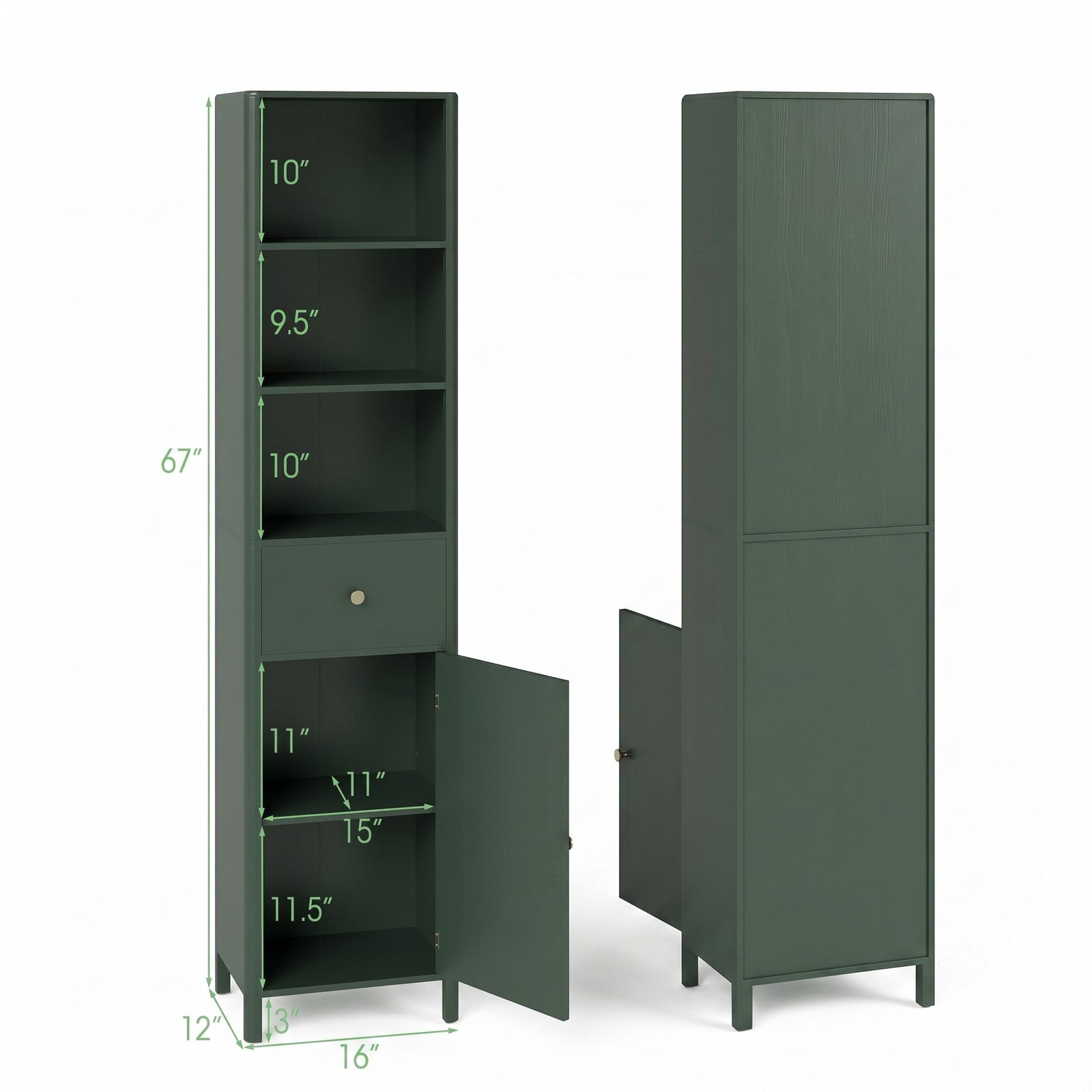 ALPULON 67 Inch Tall Narrow Bathroom Floor Cabinet Freestanding Storage Cabinet with Fluted Door, 3 Open Shelves, Adjustable Shelf and Pull-Out Drawer, Beige and Green