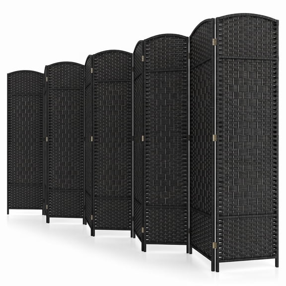 ALPULON 8-Panel Folding Room Divider Hand-Woven Privacy Screen with Solid Pine Wood Frame and 180-Degree Swivel Hinges for Living Room Office Patio, Black