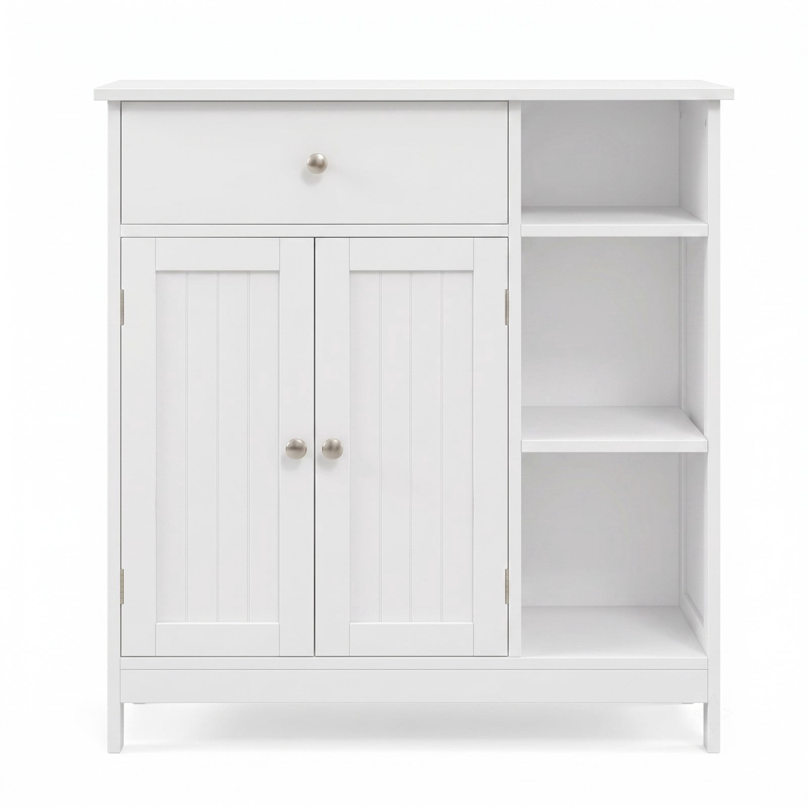 ALPULON Bathroom Floor Storage Cabinet with Drawer and 3 Open Compartments, Freestanding MDF Organizer Cabinet with Adjustable Shelf and Anti-Tip Device for, White