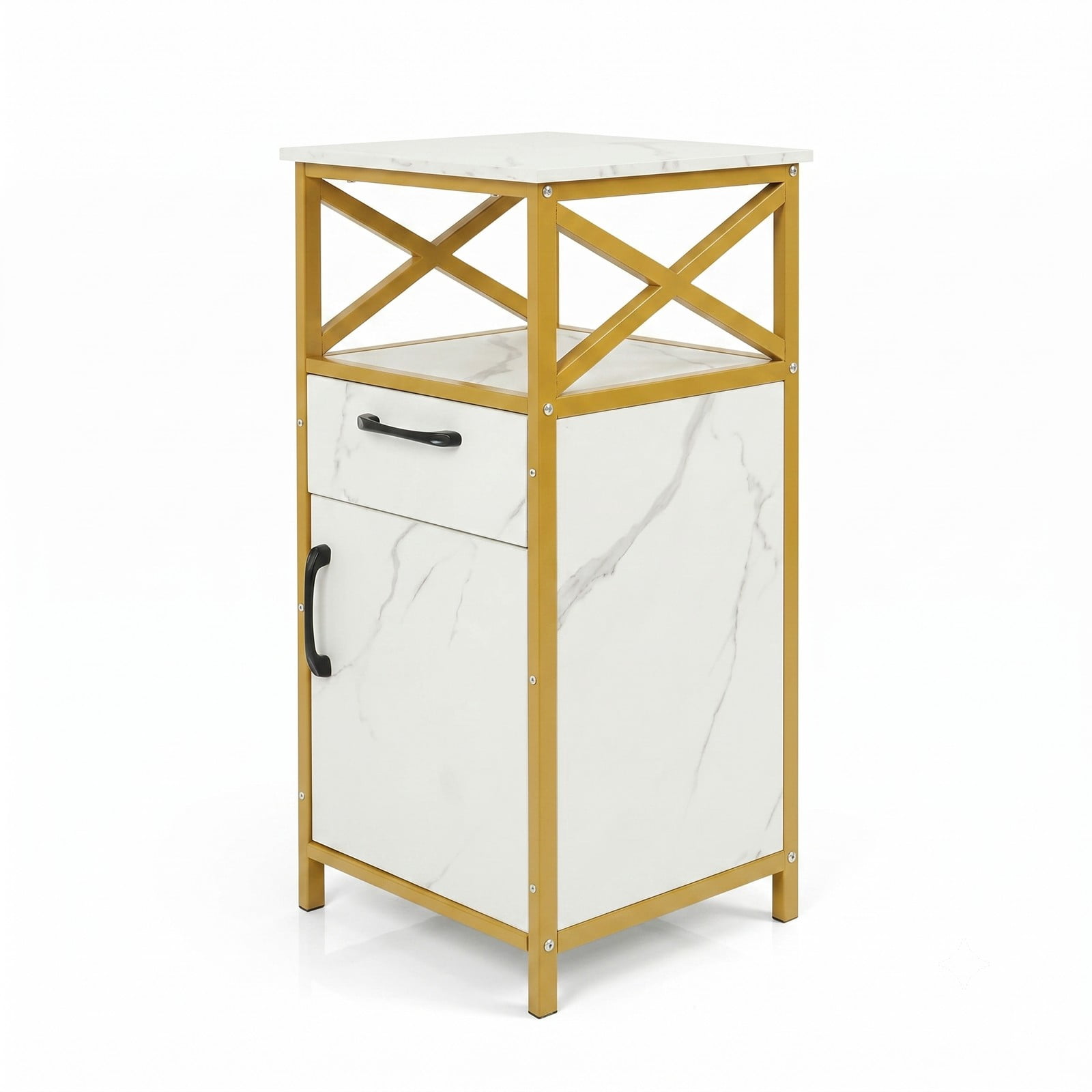 ALPULON Bathroom Storage Cabinet with Drawer, Freestanding Floor Cabinet with Single Door and Open Shelf, Faux Marble Storage Organizer with Golden Metal Frame, White