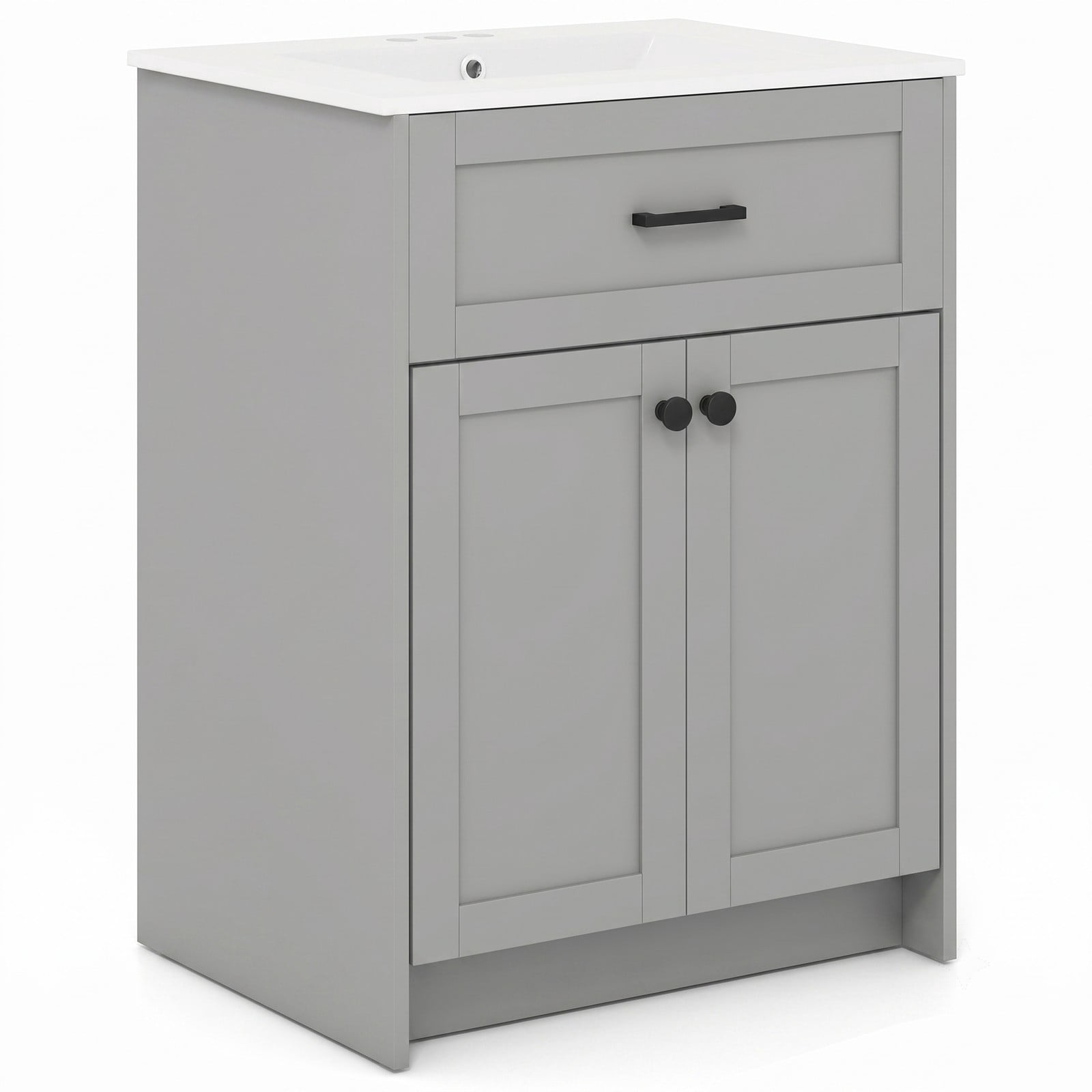 ALPULON Bathroom Vanity Unit with Ceramic Basin Sink, Freestanding 24 Inch Floor Standing Bathroom Vanity Cabinet with 2 Soft Close Doors and Pre-Drilled Faucet, Gray