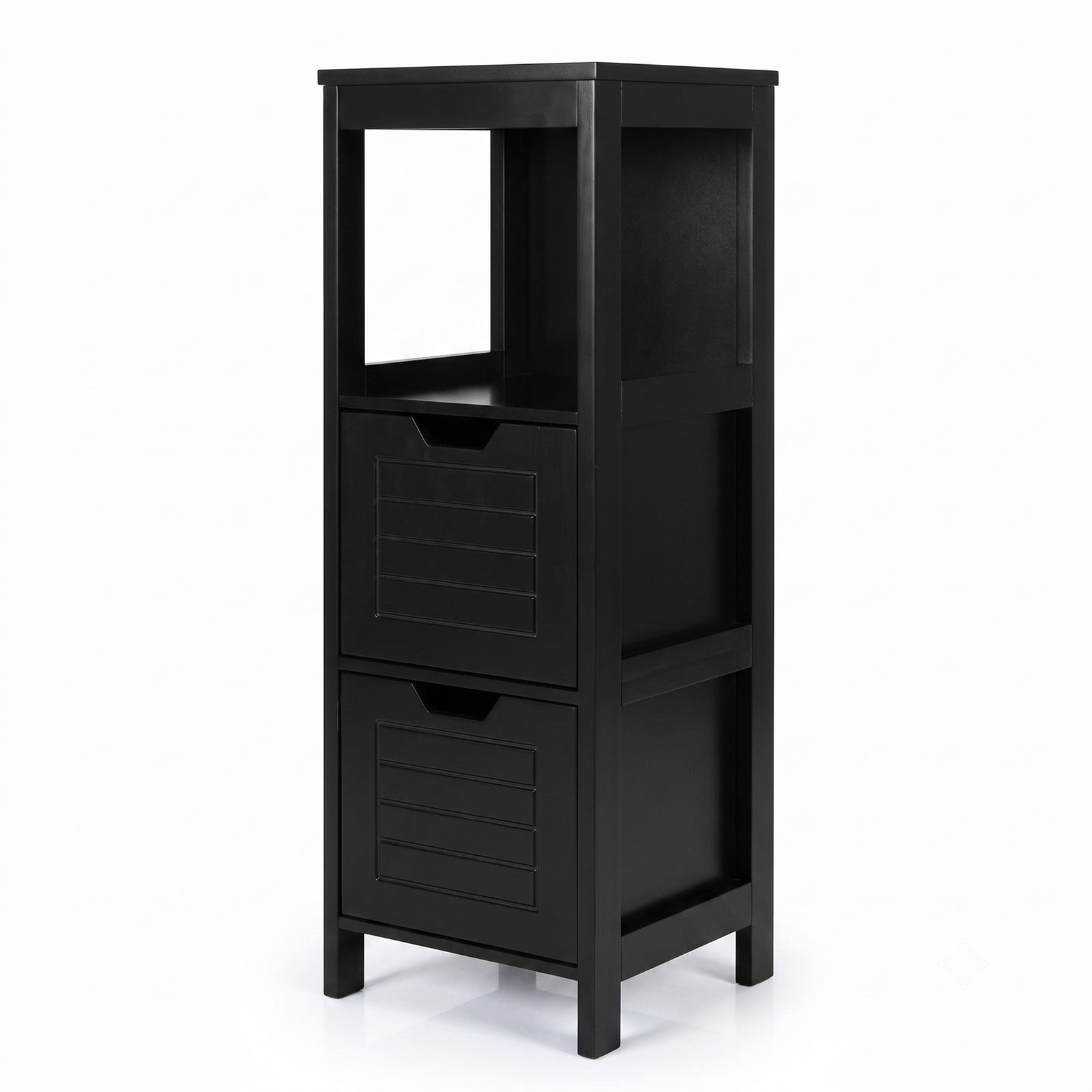 ALPULON Bathroom Wooden Floor Cabinet Multifunction Storage Rack Organizer, Freestanding Storage Stand with 2 Drawers and 3 Open Shelves for Living Room Bedroom, Black