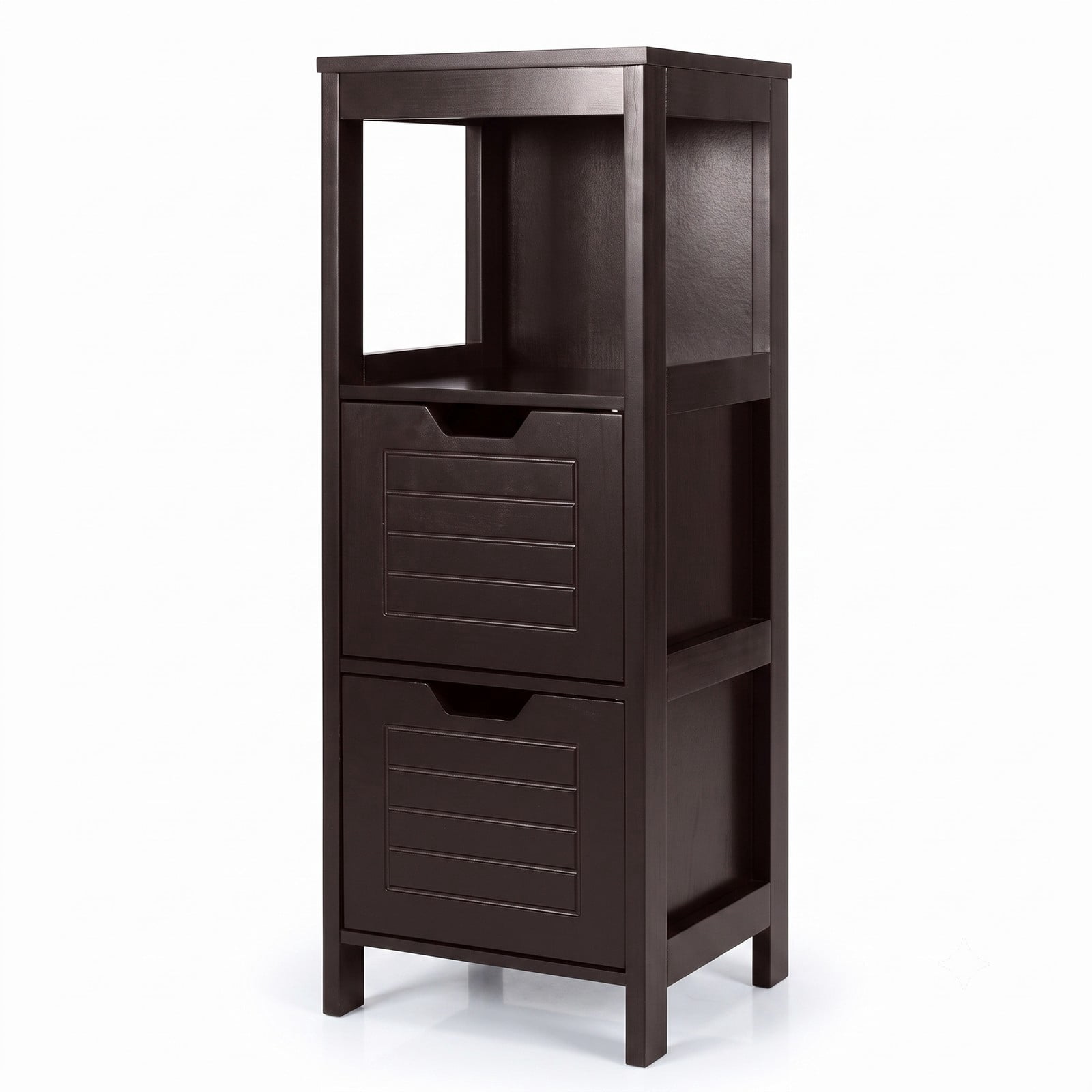 ALPULON Bathroom Wooden Floor Cabinet Multifunction Storage Rack Stand Organizer, Freestanding Storage Cabinet with 2 Drawers and 3 Open Shelves for Living Room, Brown